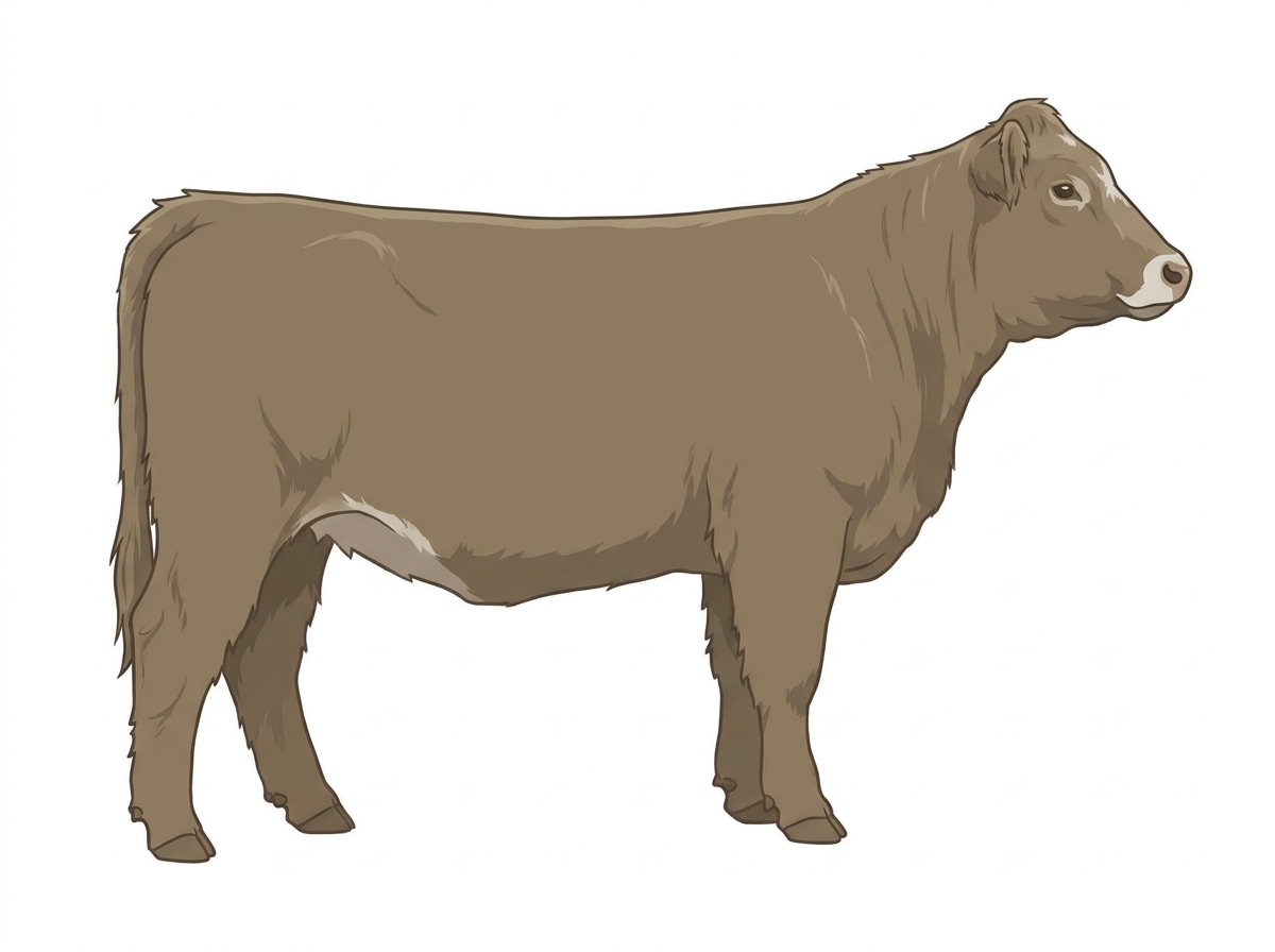 Dun with a pale muzzle ring and lighter underline and minimal white face markings Highlander Cross Heifer