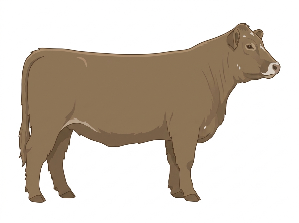 Dun with a pale muzzle ring and lighter underline, minimal white face markings and white spots Highlander Cross Heifer