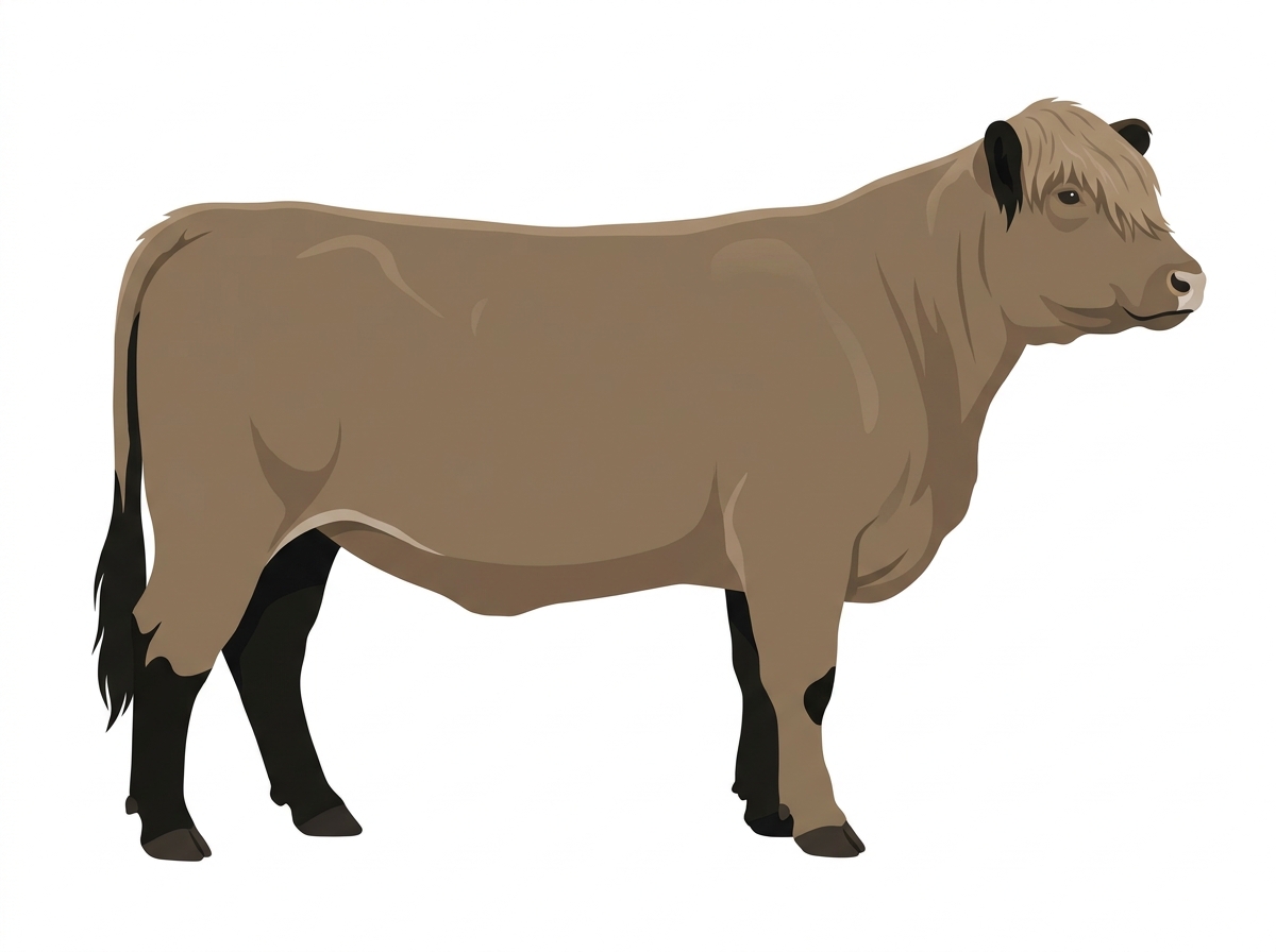 Dun with black points and a pale muzzle ring and lighter underline Highlander Cross Heifer