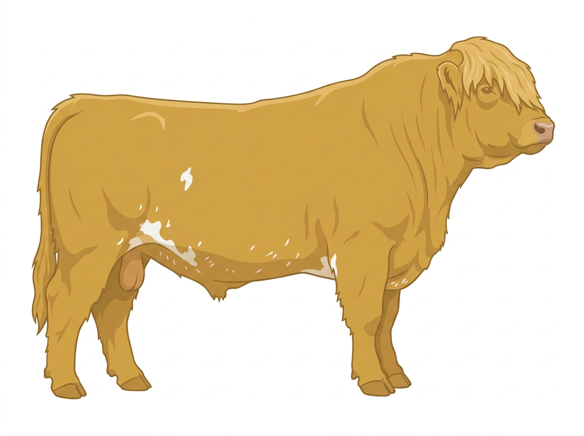 Gold with a few white spots and ticking in the white Highlander Cross Bull