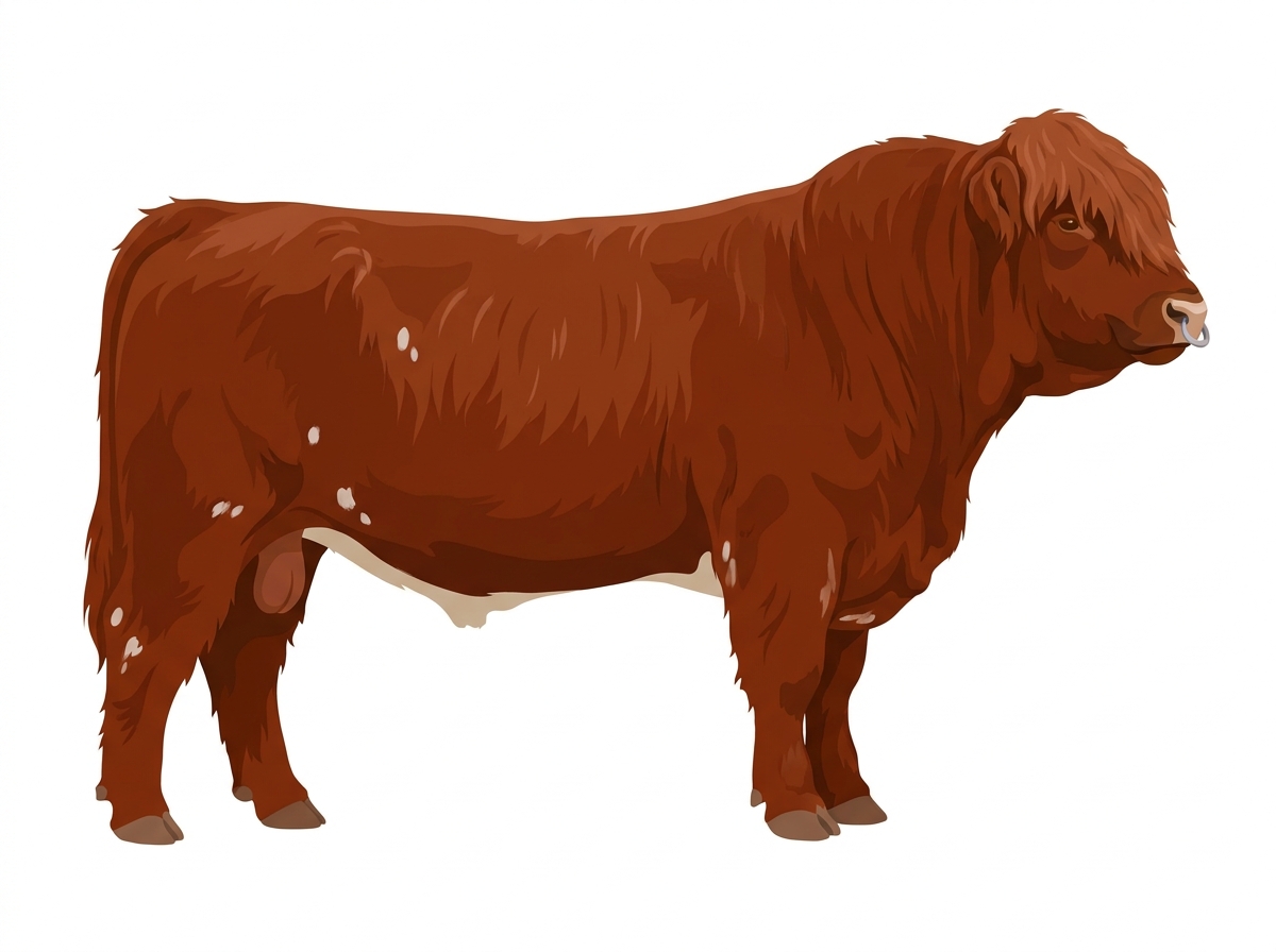 Red with a pale muzzle ring and lighter underline and a few white spots Highlander Cross Bull