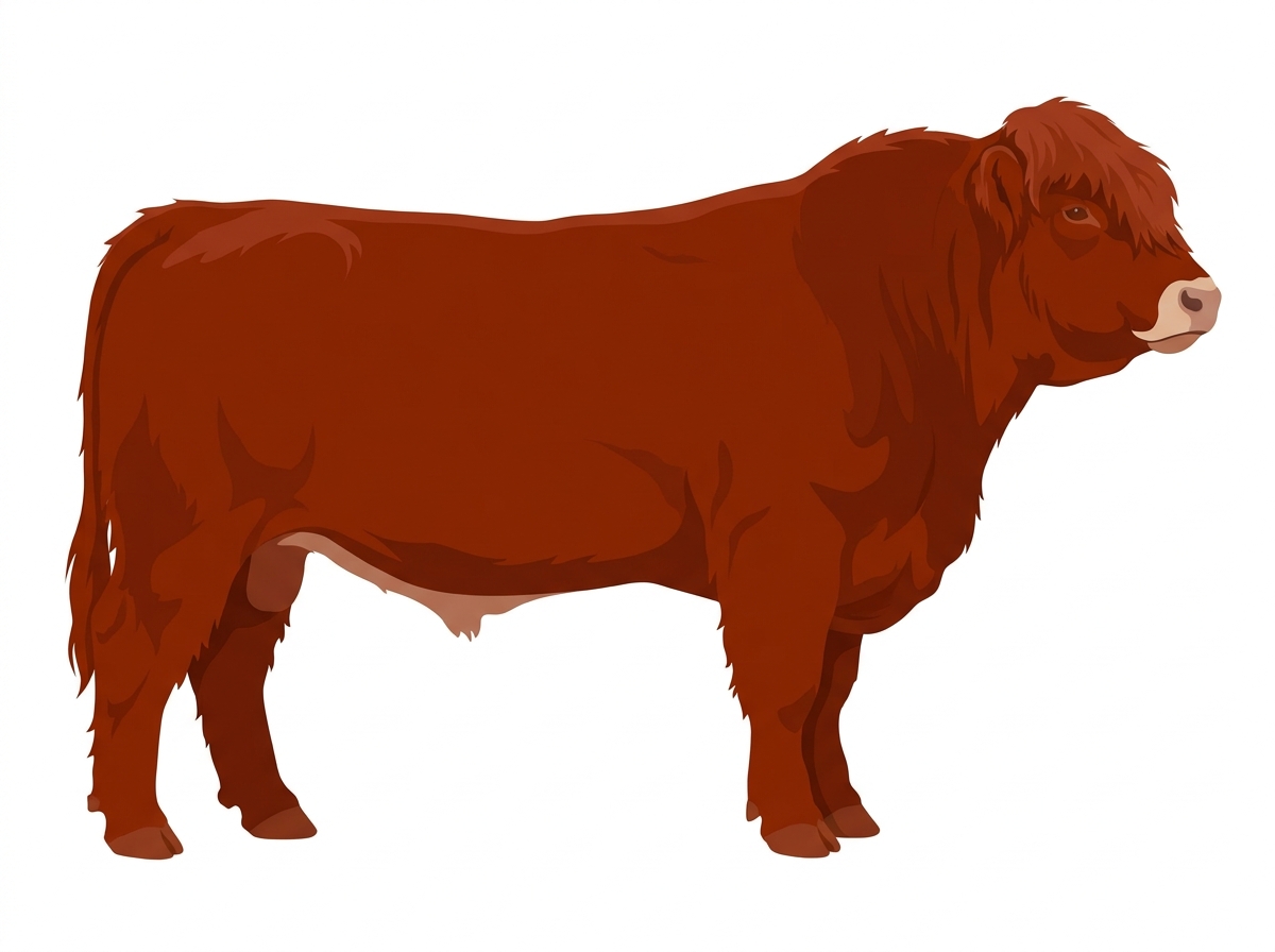 Red with a pale muzzle ring and lighter underline Highlander Cross Bull