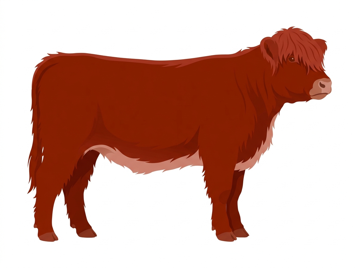 Red with a pale muzzle ring and lighter underline Highlander Cross Heifer