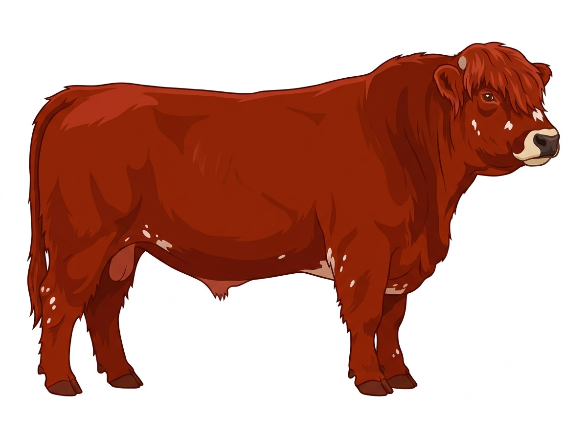 Red with a pale muzzle ring and lighter underline, minimal white face markings and white spots Highlander Cross Bull