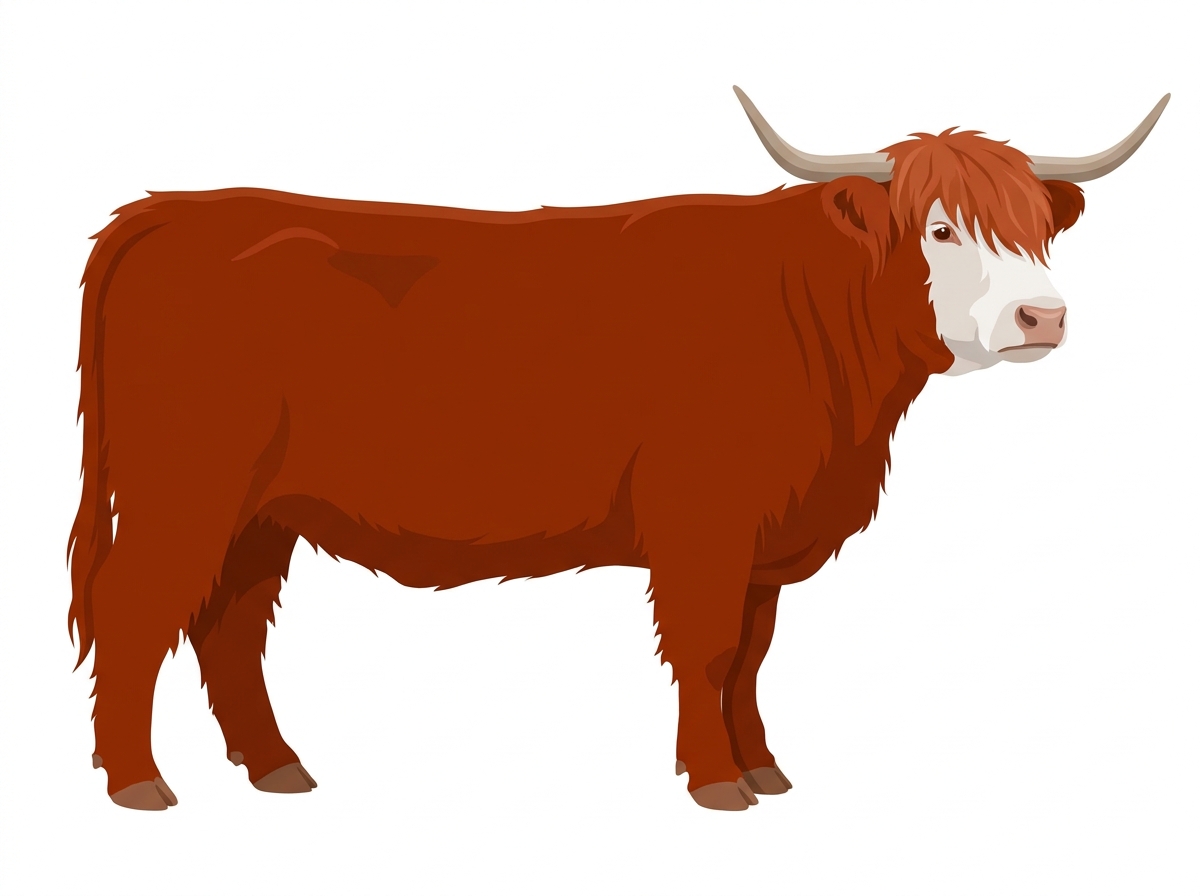 Red with a partial white face Highlander Cross Heifer