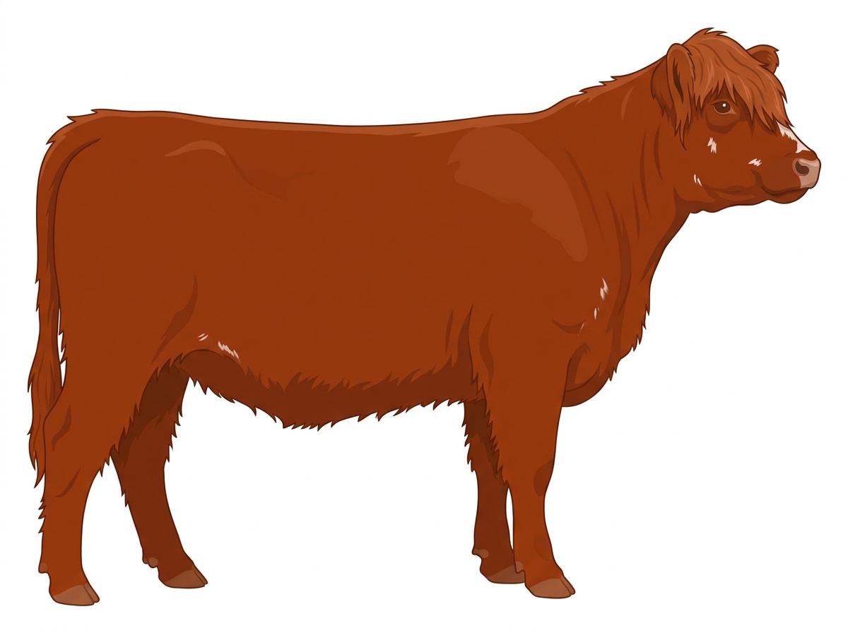 Red with minimal white face markings, a few white spots and ticking in the white Highlander Cross Heifer