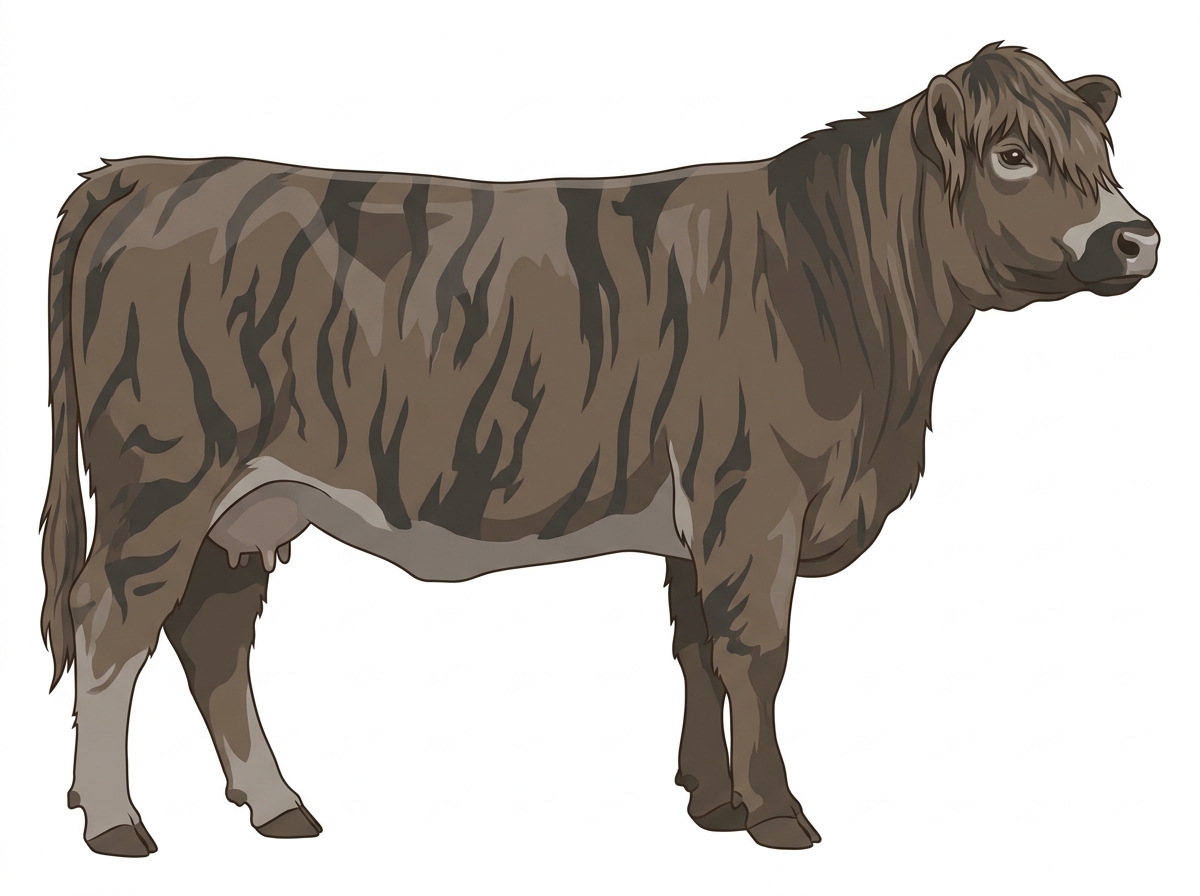 Smoky brindle with black stripes and a pale muzzle ring and lighter underline Highlander Cross Cow