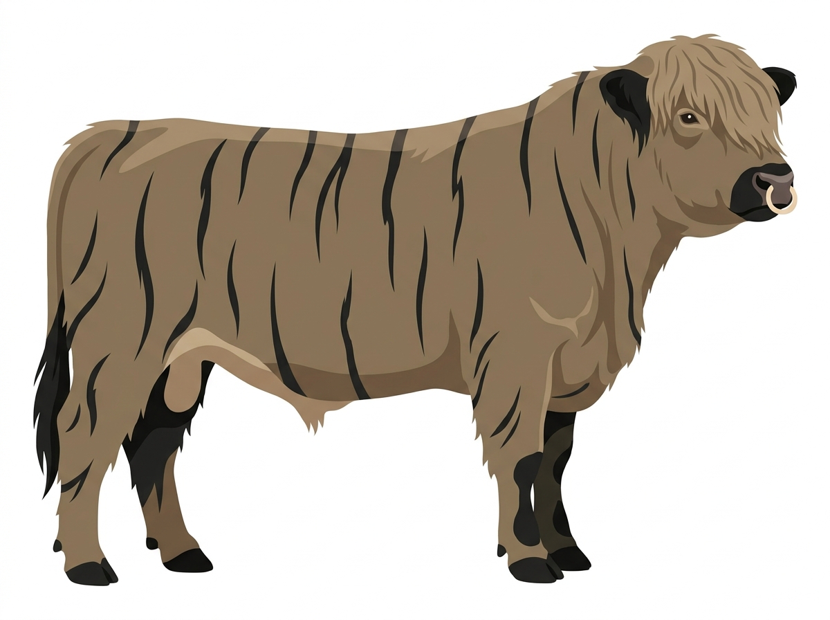 Dun brindle with black stripes, black points and a pale muzzle ring and lighter underline Highlander Bull