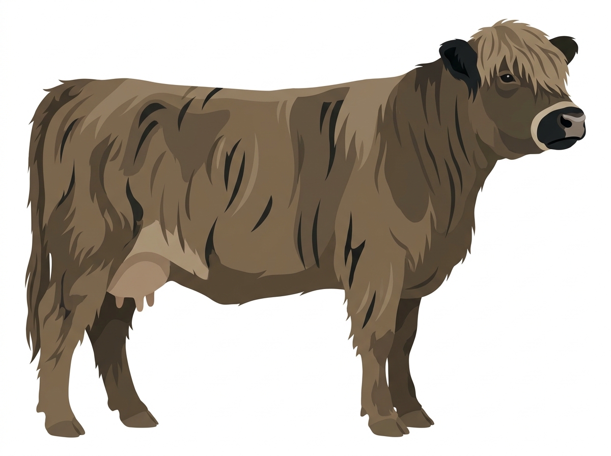 Dun brindle with black stripes, black points and a pale muzzle ring and lighter underline Highlander Cow