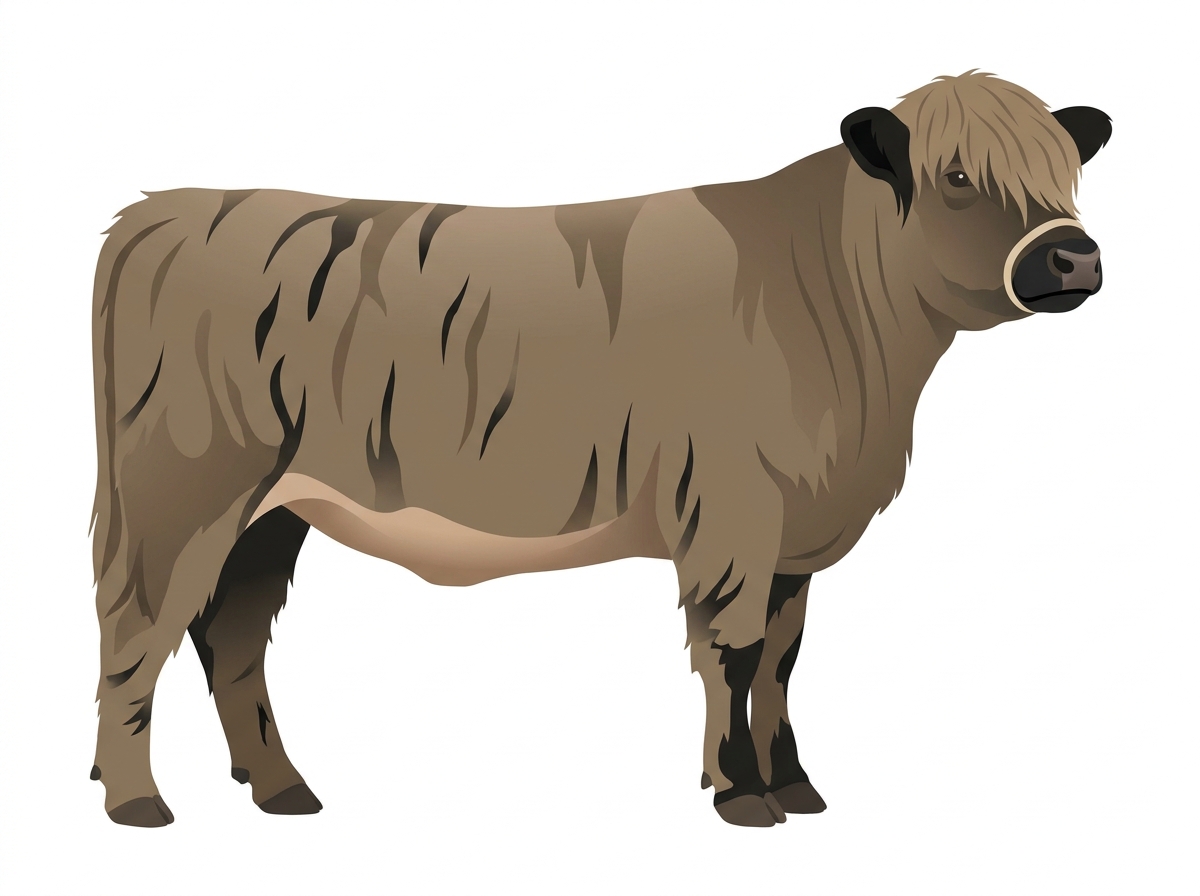 Dun brindle with black stripes, black points and a pale muzzle ring and lighter underline Highlander Heifer