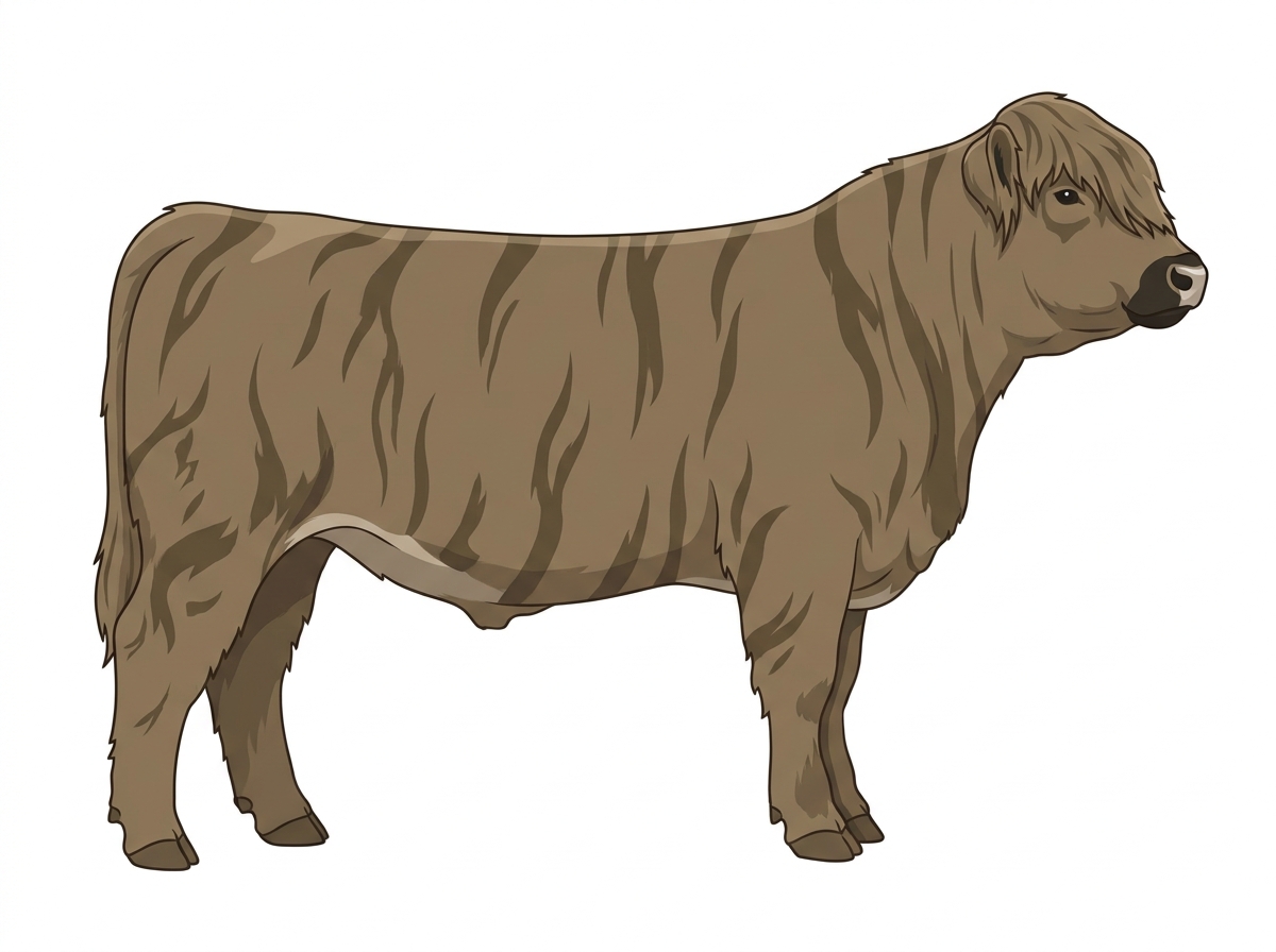 Dun brindle with black stripes, black points and a pale muzzle ring and lighter underline Highlander Steer