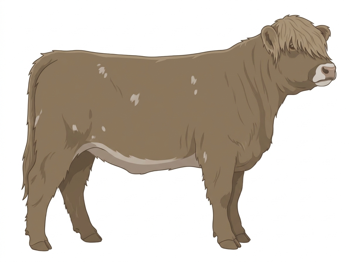 Dun with a pale muzzle ring and lighter underline and a few white spots Highlander Heifer