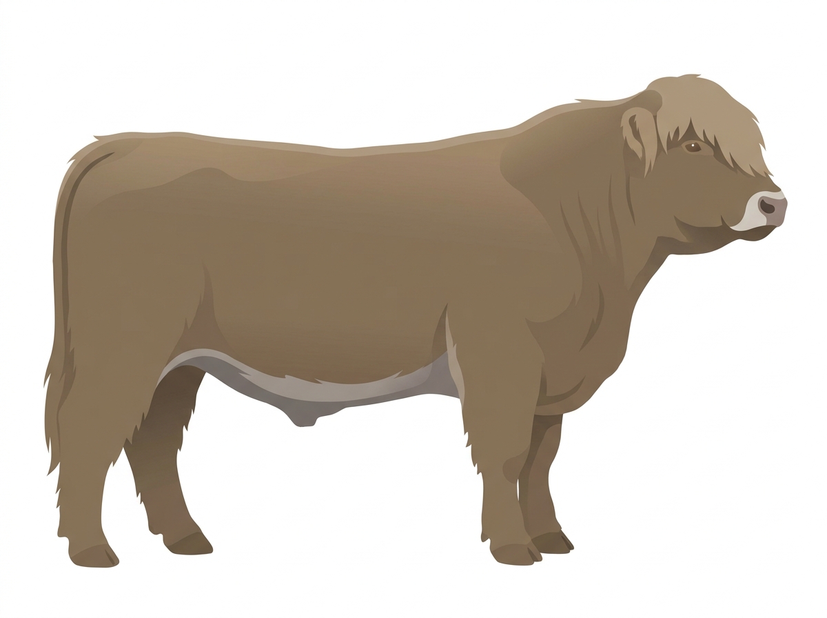 Dun with a pale muzzle ring and lighter underline Highlander Bull