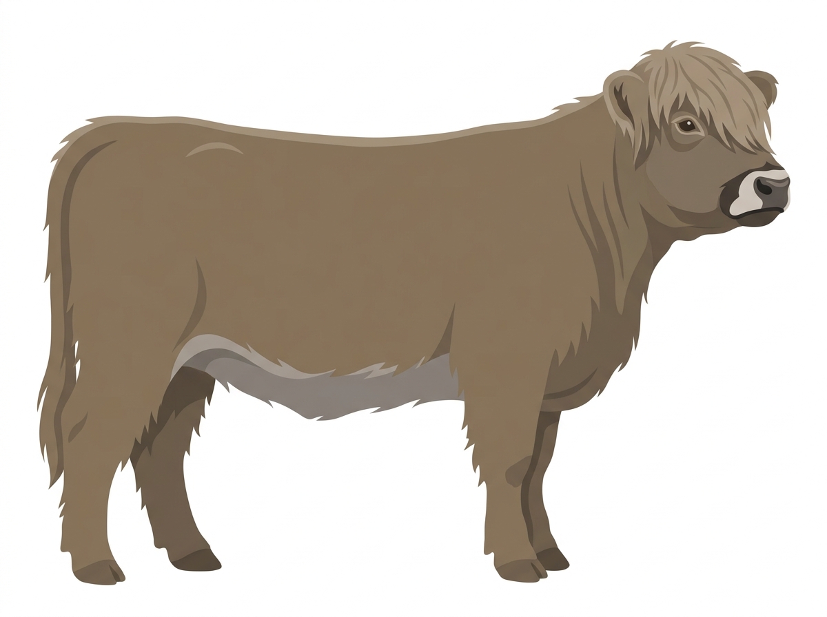 Dun with a pale muzzle ring and lighter underline Highlander Heifer