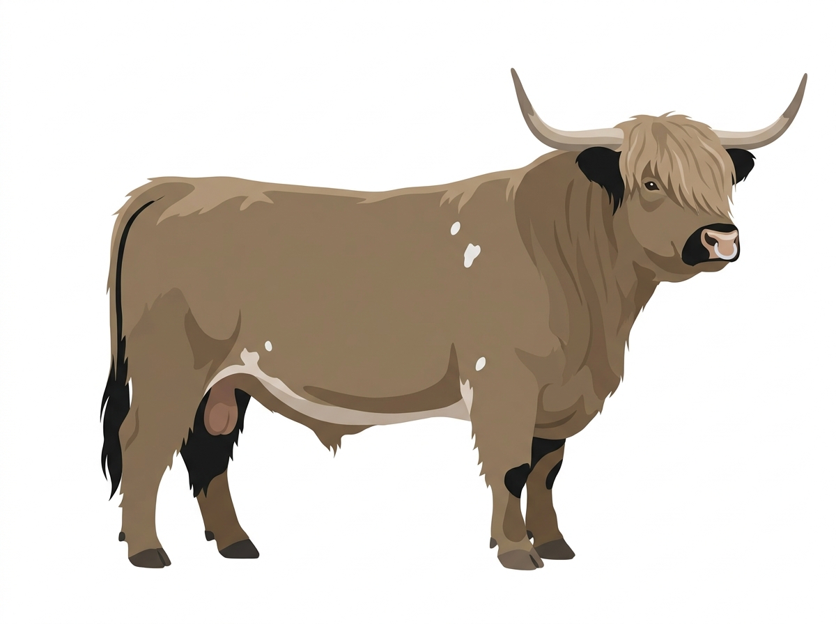 Dun with black points, a pale muzzle ring and lighter underline and a few white spots Highlander Bull