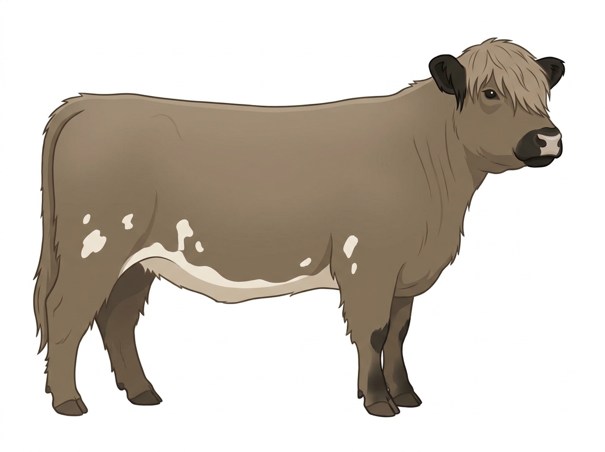 Dun with black points, a pale muzzle ring and lighter underline and a few white spots Highlander Heifer