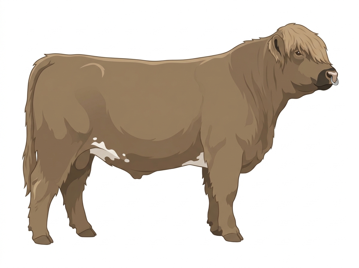 Dun with black points, a pale muzzle ring and lighter underline and a few white spots Highlander Steer