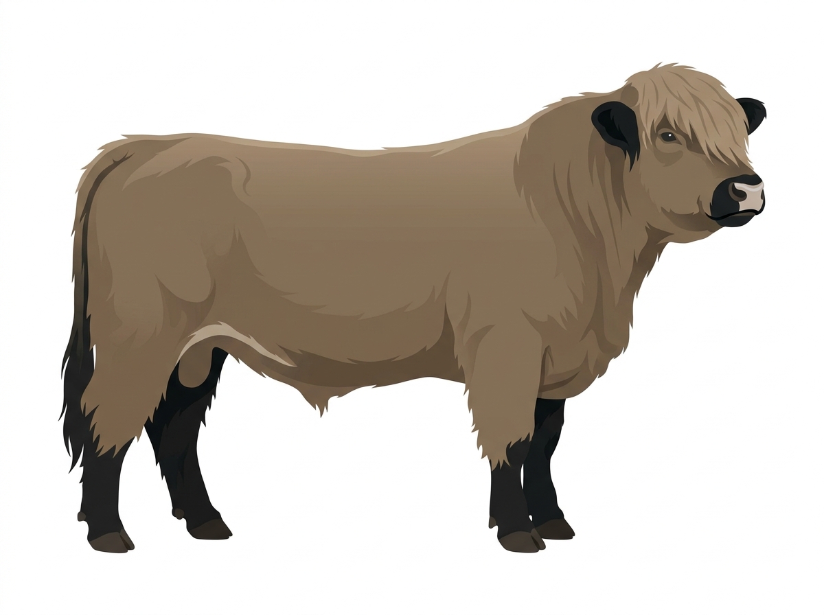 Dun with black points and a pale muzzle ring and lighter underline Highlander Bull