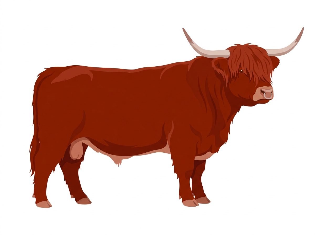 Red with a pale muzzle ring and lighter underline Highlander Bull