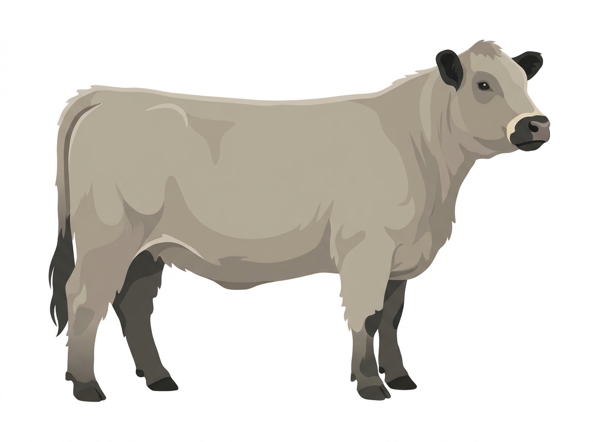 Silver Dun with black points and a pale muzzle ring and lighter underline Highlander Heifer