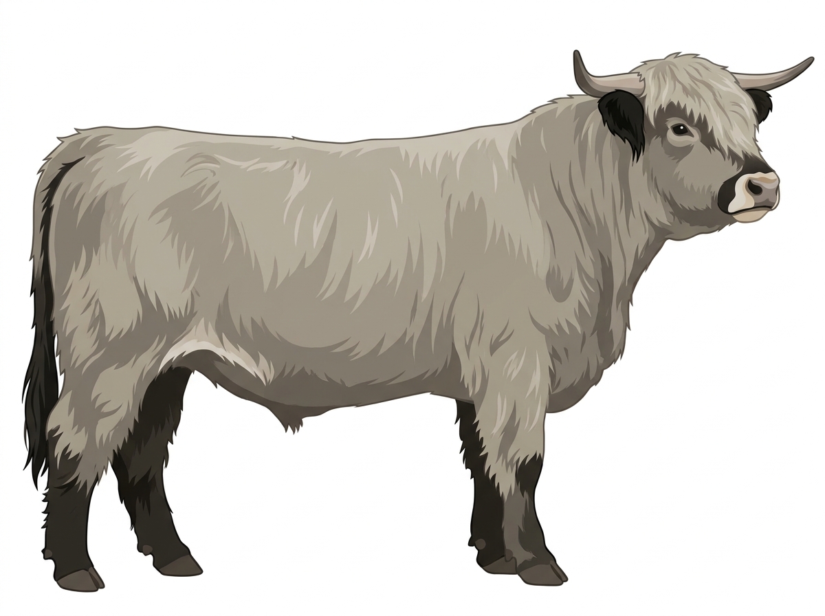 Silver Dun with black points and a pale muzzle ring and lighter underline Highlander Steer