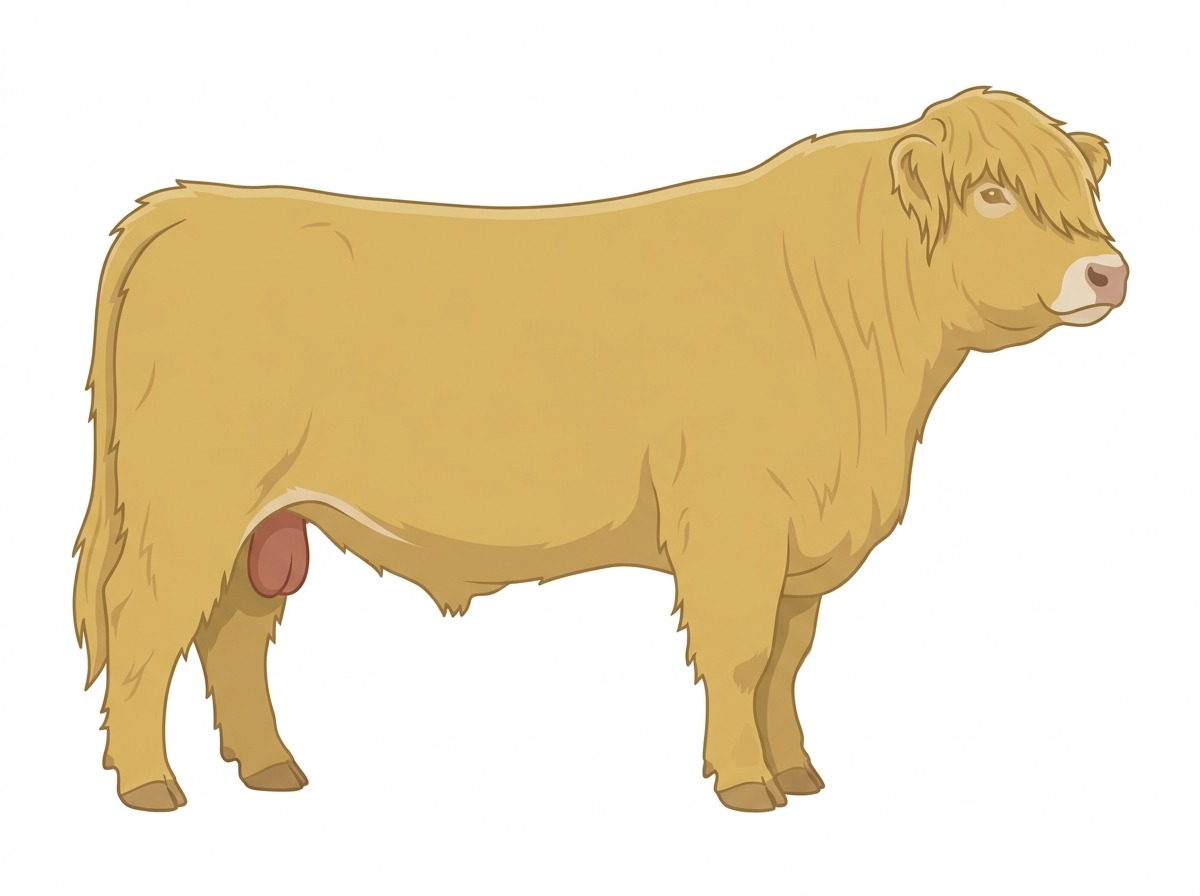 Yellow Dun with a pale muzzle ring and lighter underline Highlander Bull