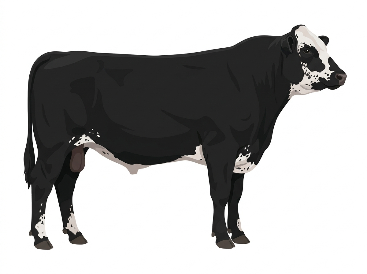 Black with a partial white face, a few white spots and ticking in the white Maine-Anjou Cross Bull