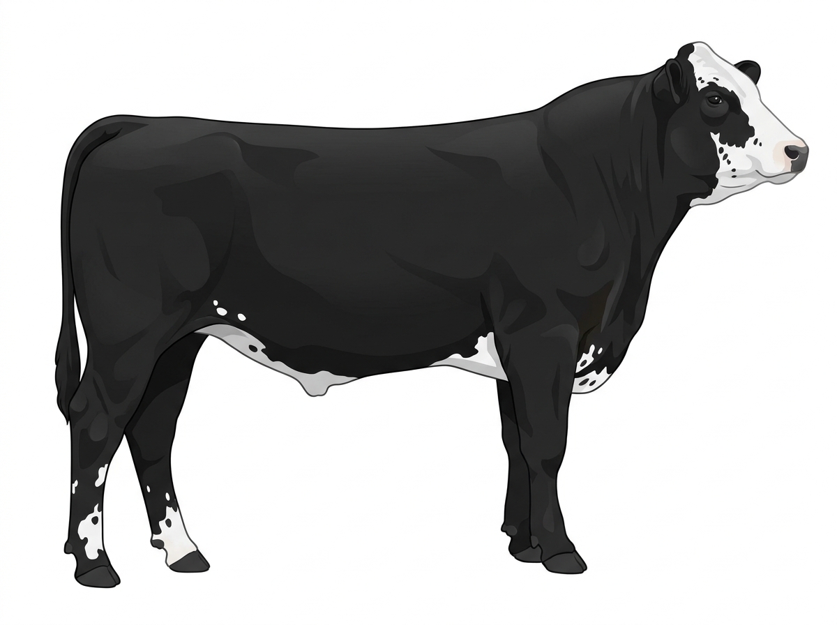 Black with a partial white face, a few white spots and ticking in the white Maine-Anjou Cross Steer