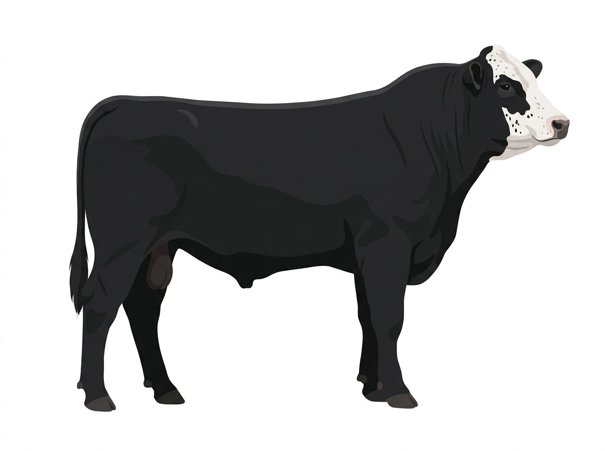 Black with a partial white face, white spots and ticking in the white Maine-Anjou Cross Bull
