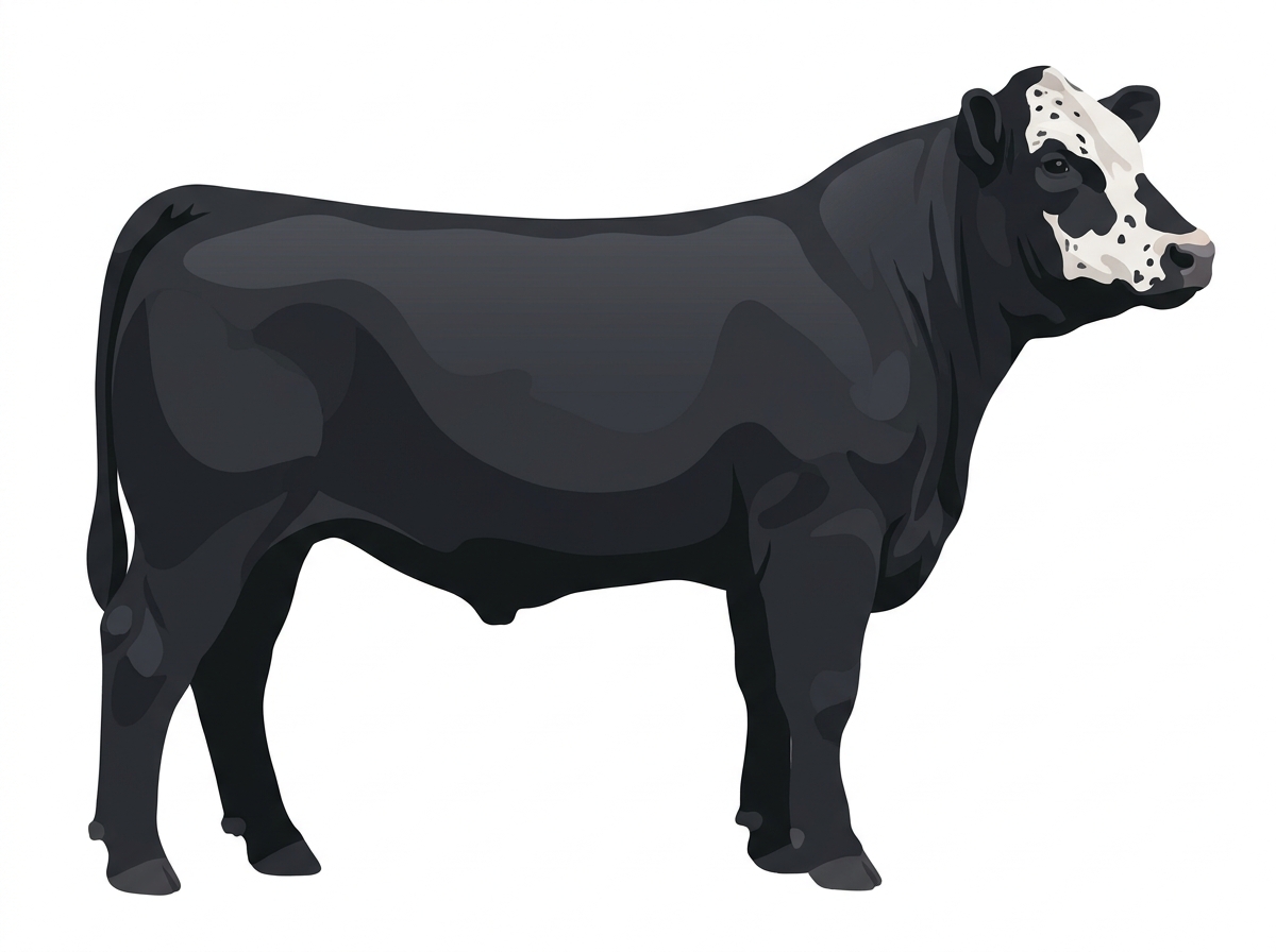 Black with a partial white face, white spots and ticking in the white Maine-Anjou Cross Steer