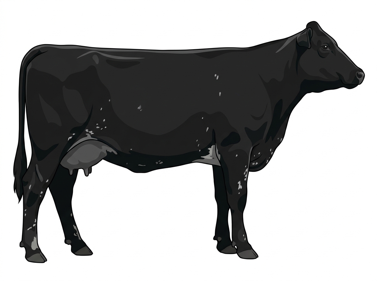 Black with minimal spotting with ticking Maine-Anjou Cross Cow