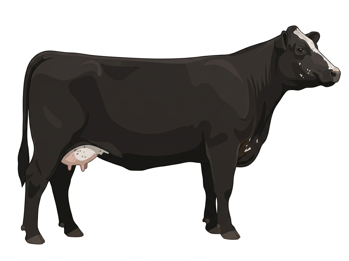 Black with minimal white face markings, white spots and ticking in the white Maine-Anjou Cross Cow