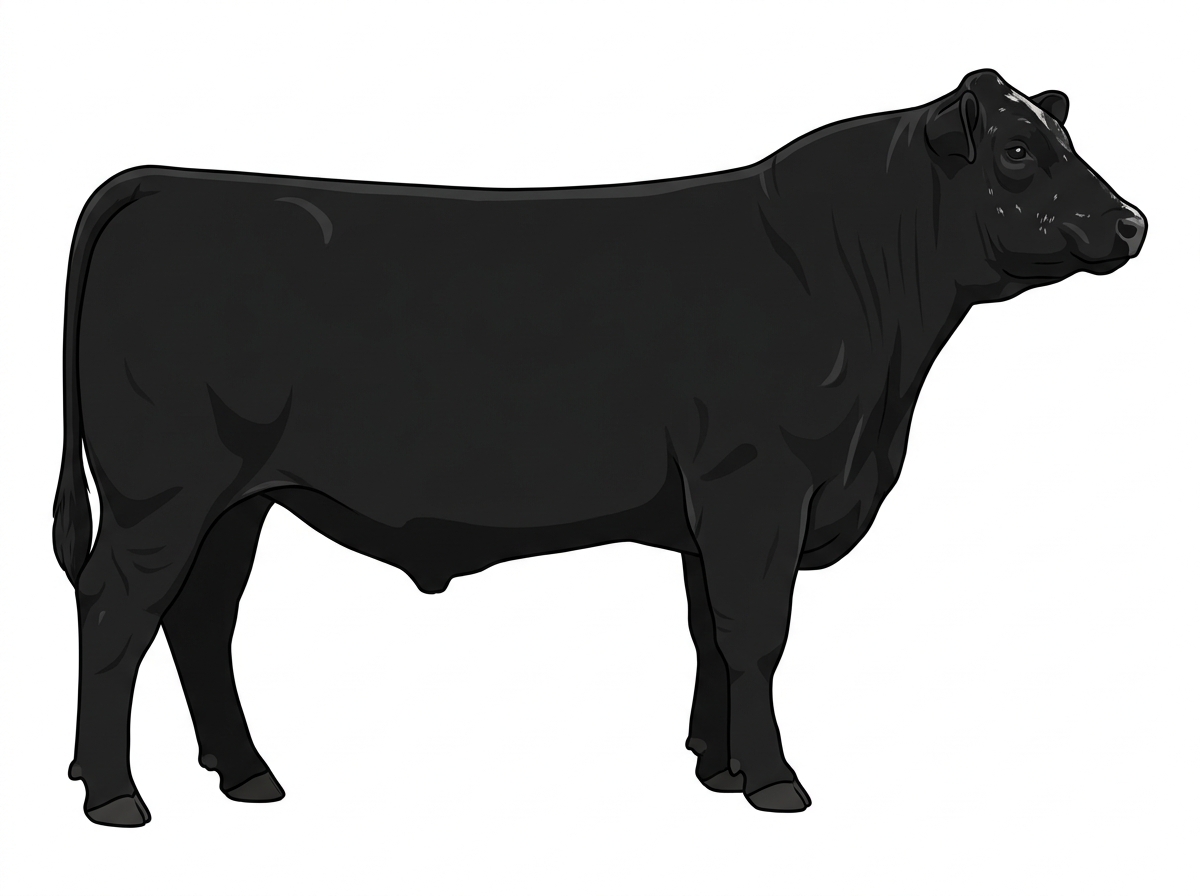 Black with minimal white face markings, white spots and ticking in the white Maine-Anjou Cross Steer