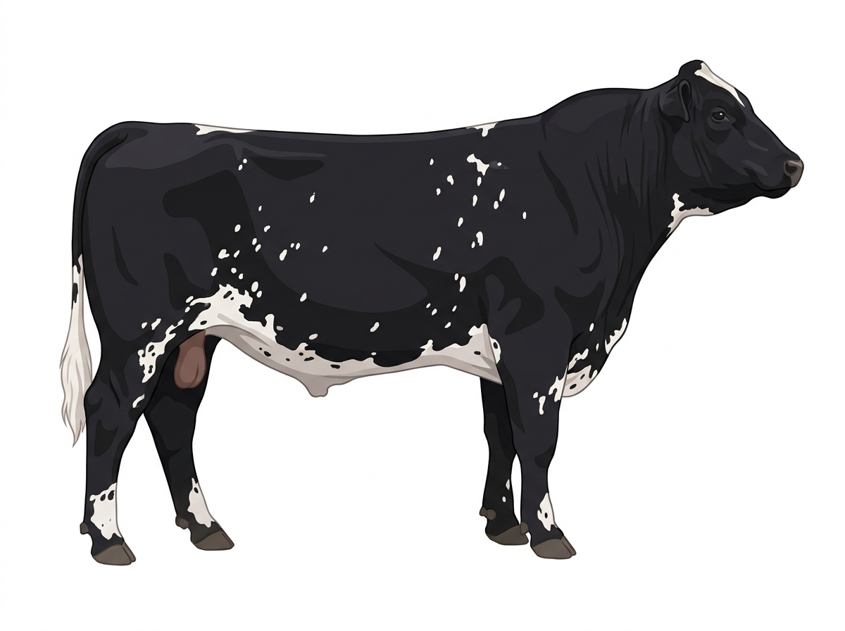 Black with white spots and ticking in the white Maine-Anjou Cross Bull