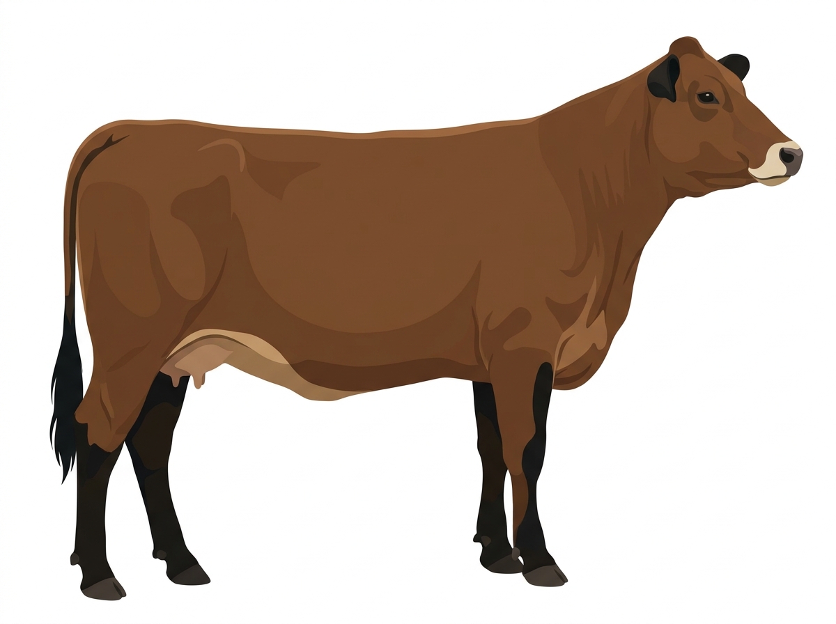 Brown with black points and a pale muzzle ring and lighter underline Maine-Anjou Cross Cow