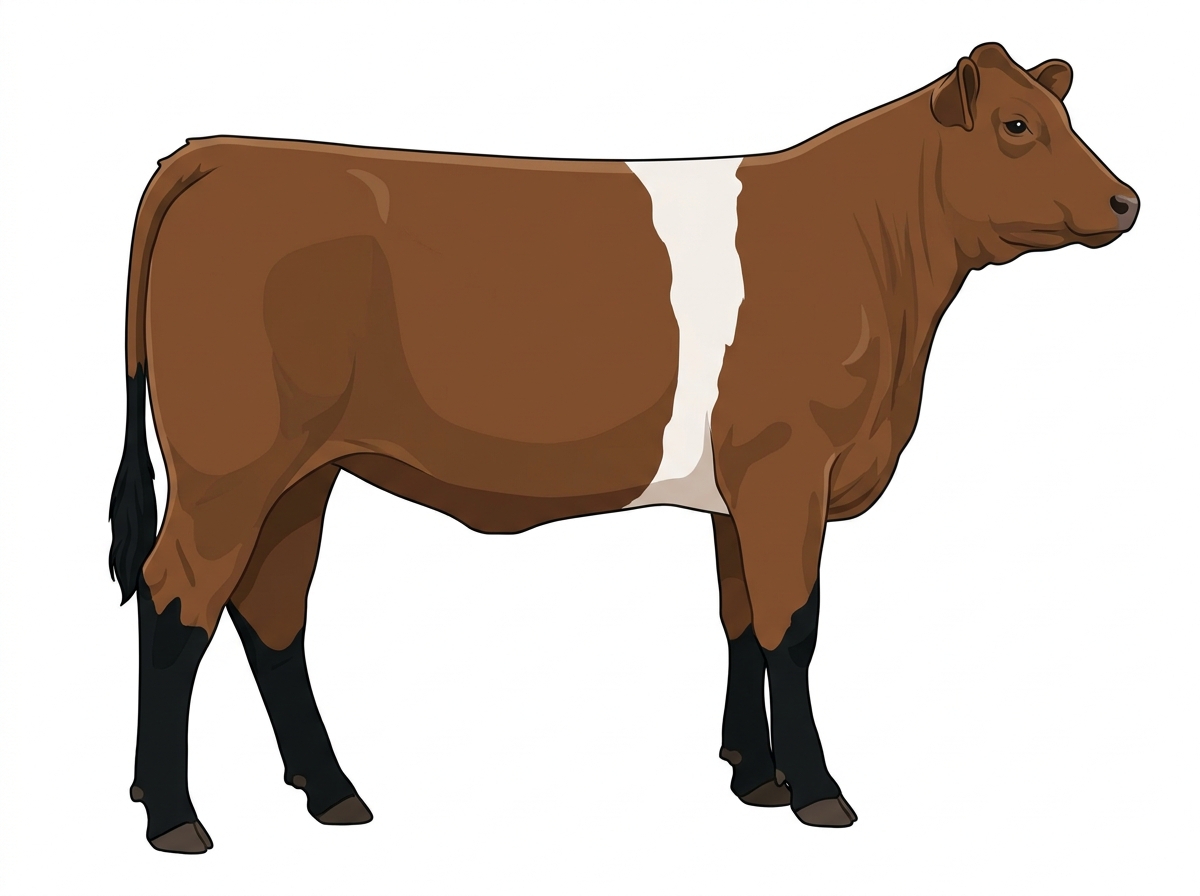 Brown with black points and a white belt around the midsection Maine-Anjou Cross Heifer
