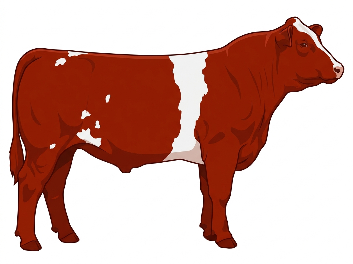 Red with a white belt around the midsection and a few white spots Maine-Anjou Cross Steer