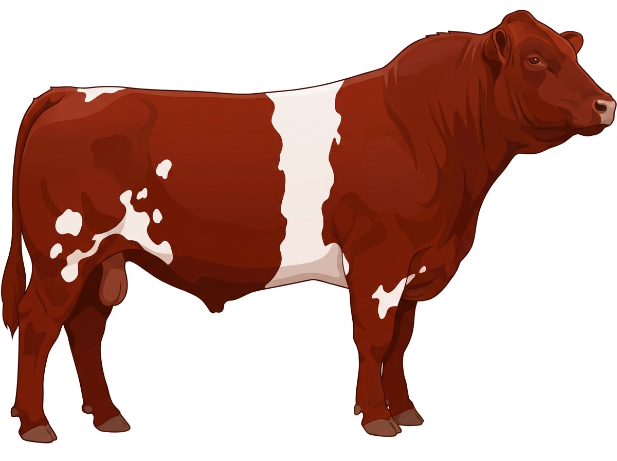 Red with a white belt around the midsection and white spots Maine-Anjou Cross Bull