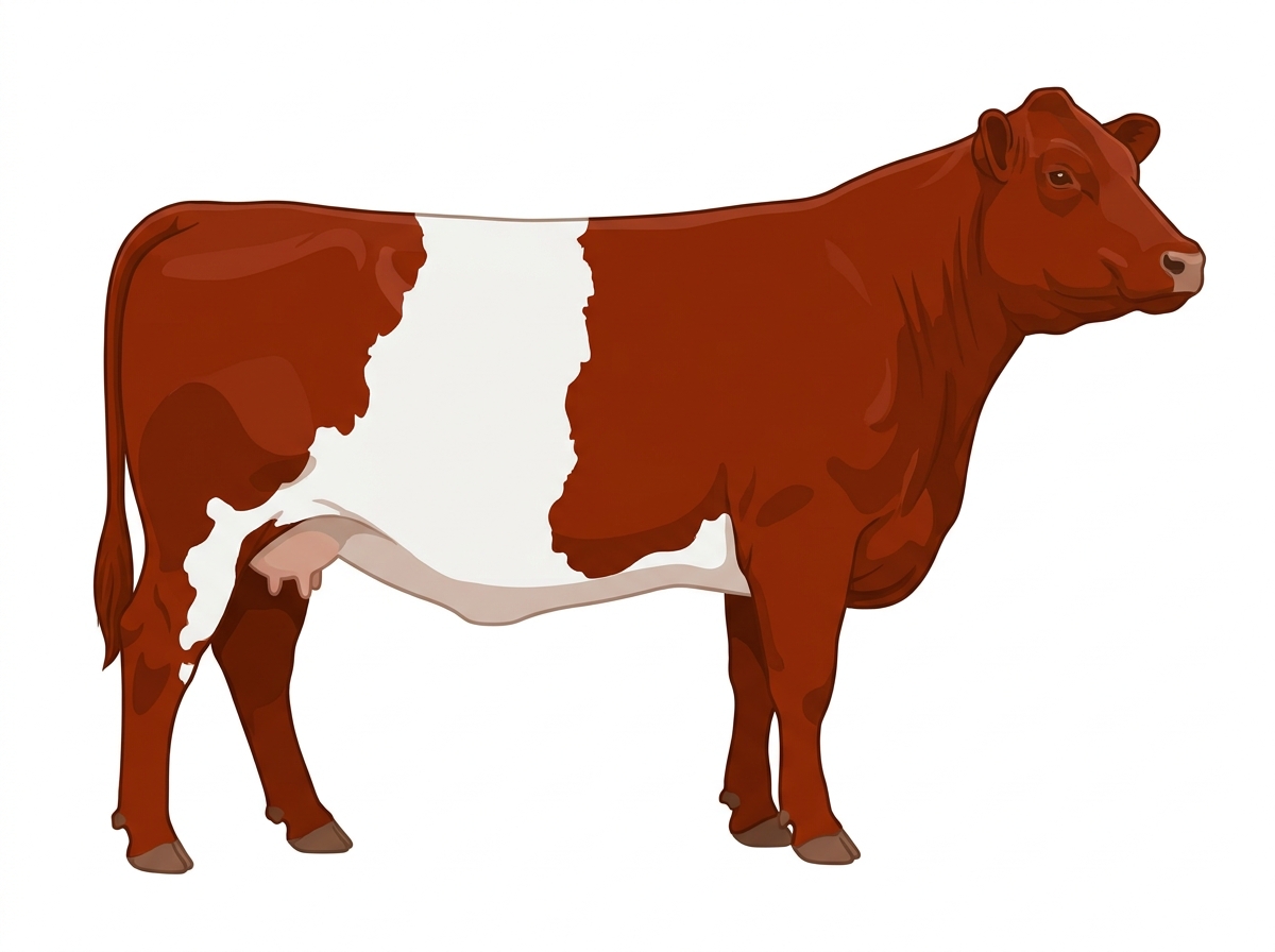 Red with a white belt around the midsection and white in large patches Maine-Anjou x Belted Galloway Cross Cow