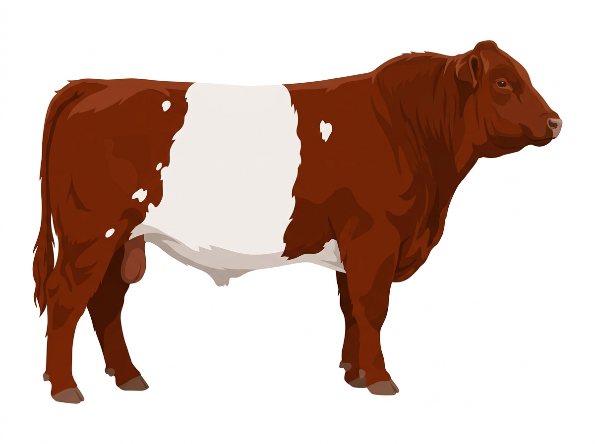 Red with a white belt around the midsection and white spots Maine-Anjou x Belted Galloway Cross Bull