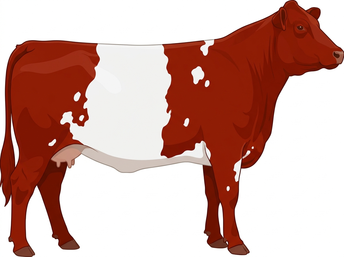 Red with a white belt around the midsection and white spots Maine-Anjou x Belted Galloway Cross Cow