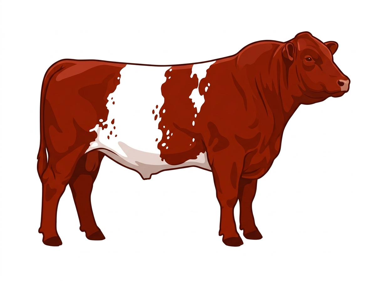 Red with a white belt around the midsection, white in large patches and ticking in the white Maine-Anjou x Belted Galloway Cross Bull