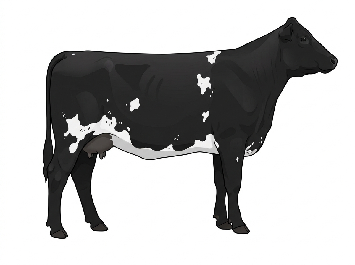 Black with a few white spots and ticking in the white MaineTainer Cow