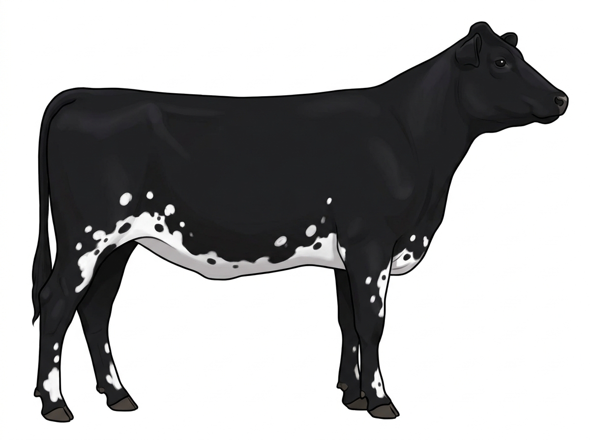 Black with a few white spots and ticking in the white MaineTainer Heifer