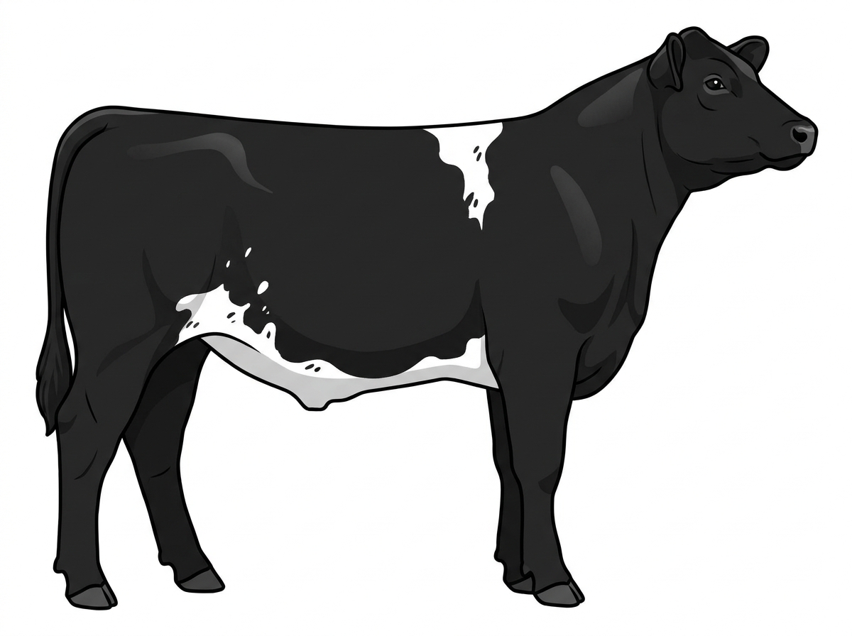 Black with a few white spots and ticking in the white MaineTainer Steer