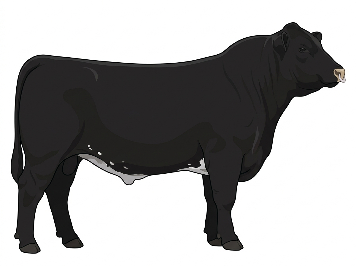 Black with a pale muzzle ring and lighter underline, a few white spots and ticking in the white MaineTainer Bull
