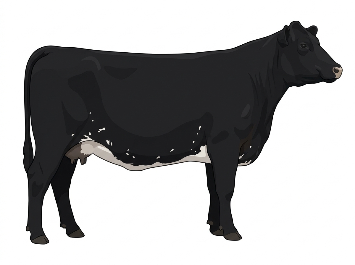Black with a pale muzzle ring and lighter underline, a few white spots and ticking in the white MaineTainer Cow