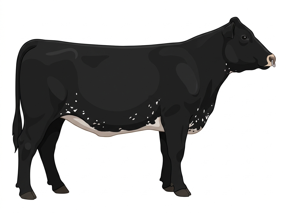 Black with a pale muzzle ring and lighter underline, a few white spots and ticking in the white MaineTainer Heifer