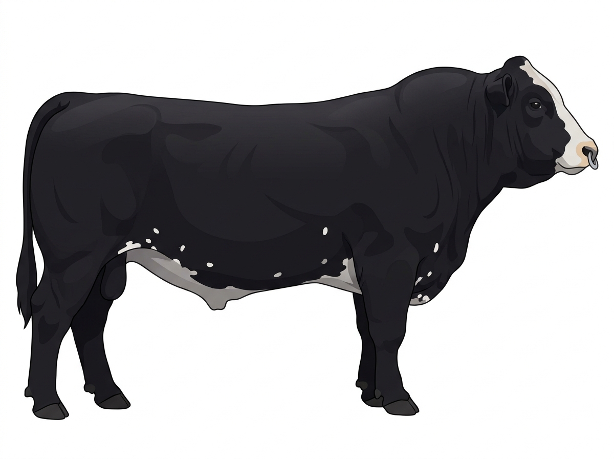 Black with a pale muzzle ring and lighter underline, a partial white face and white spots MaineTainer Bull