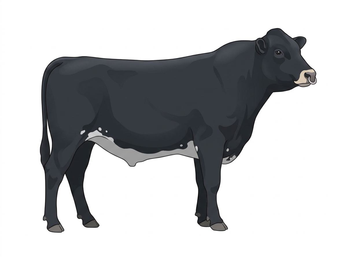 Black with a pale muzzle ring and lighter underline and a few white spots MaineTainer Bull